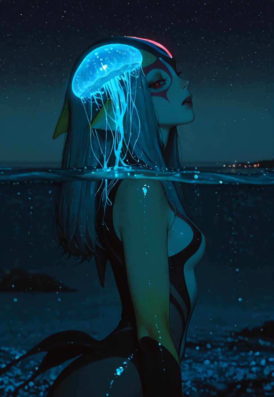Eine Illustration der Anime-Figur Mutio aus „Blue Submarine No. 6“, die nachts am Strand steht. Auf ihrem Kopf sitzt eine große, biolumineszente, blaue Qualle wie ein Hut und beleuchtet ihr Gesicht und ihre grauen Haare vor dem Sternenhimmel.