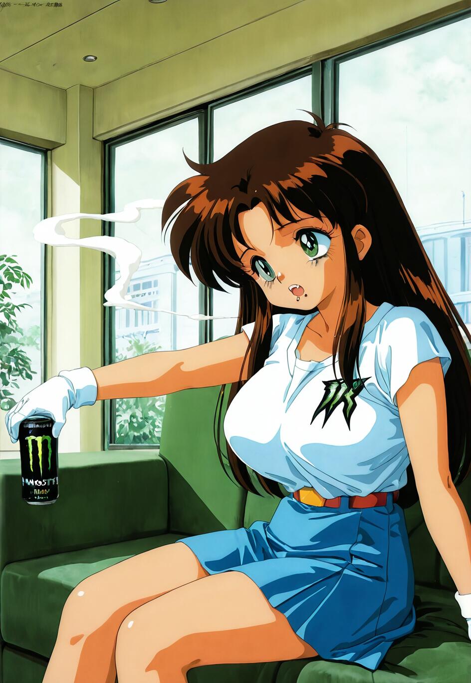 Eine im Stil der Anime-Filme der 1990er Jahre gestaltete Illustration von Natsumi Tsujimoto aus der Serie „You’re Under Arrest“, die auf einem grünen Sofa sitzt und eine Dose Monster Energy in der Hand hält, während in der Nähe Rauch aufsteigt.