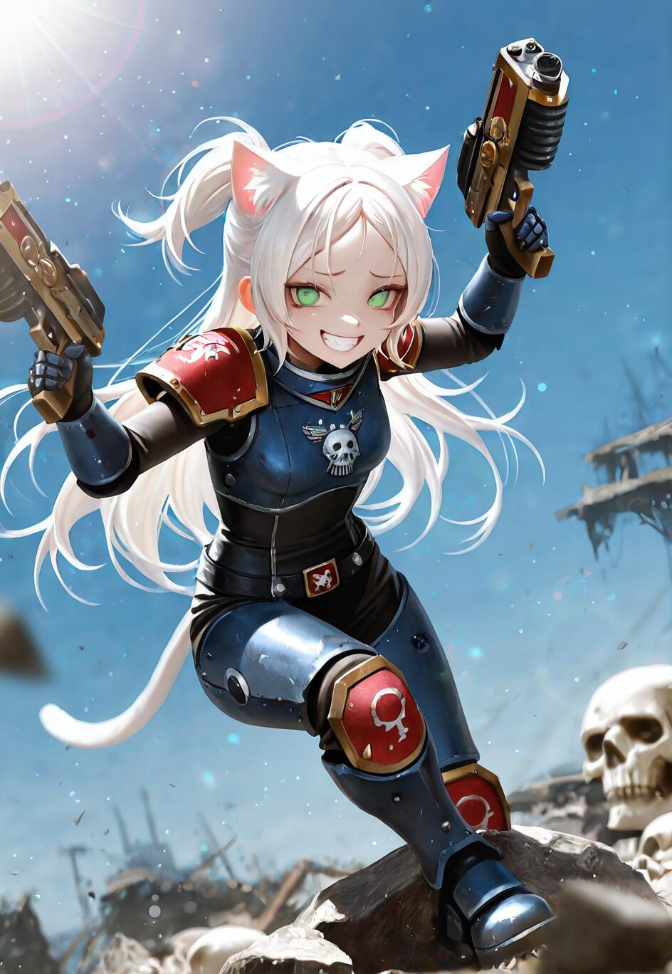 Ein Anime-Katzenmädchen mit weißem Haar und grünen Augen, das blaue und rote, an die Warhammer-40k-Rüstungen angelehnte Kampfpanzer trägt und auf einem trostlosen Schlachtfeld fröhlich zwei Pistolen gleichzeitig abfeuert.