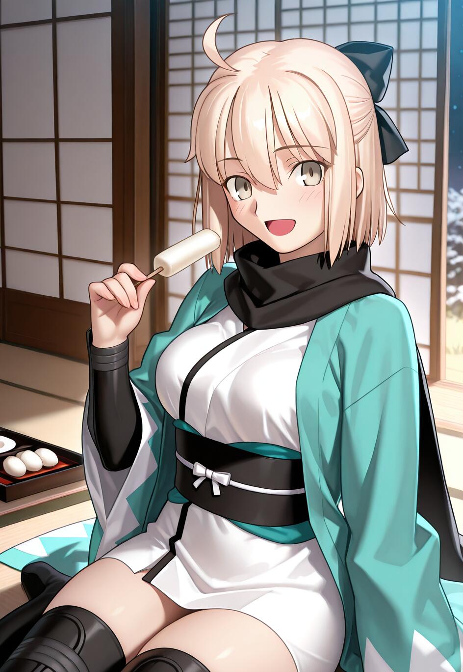 Okita Souji, eine blonde Anime-Figur aus Fate/Grand Order, lächelt freundlich, während sie in einem traditionellen japanischen Raum sitzt und ein Dango hält. Sie trägt ein türkisfarbenes Haori über einem weißen Kimono.