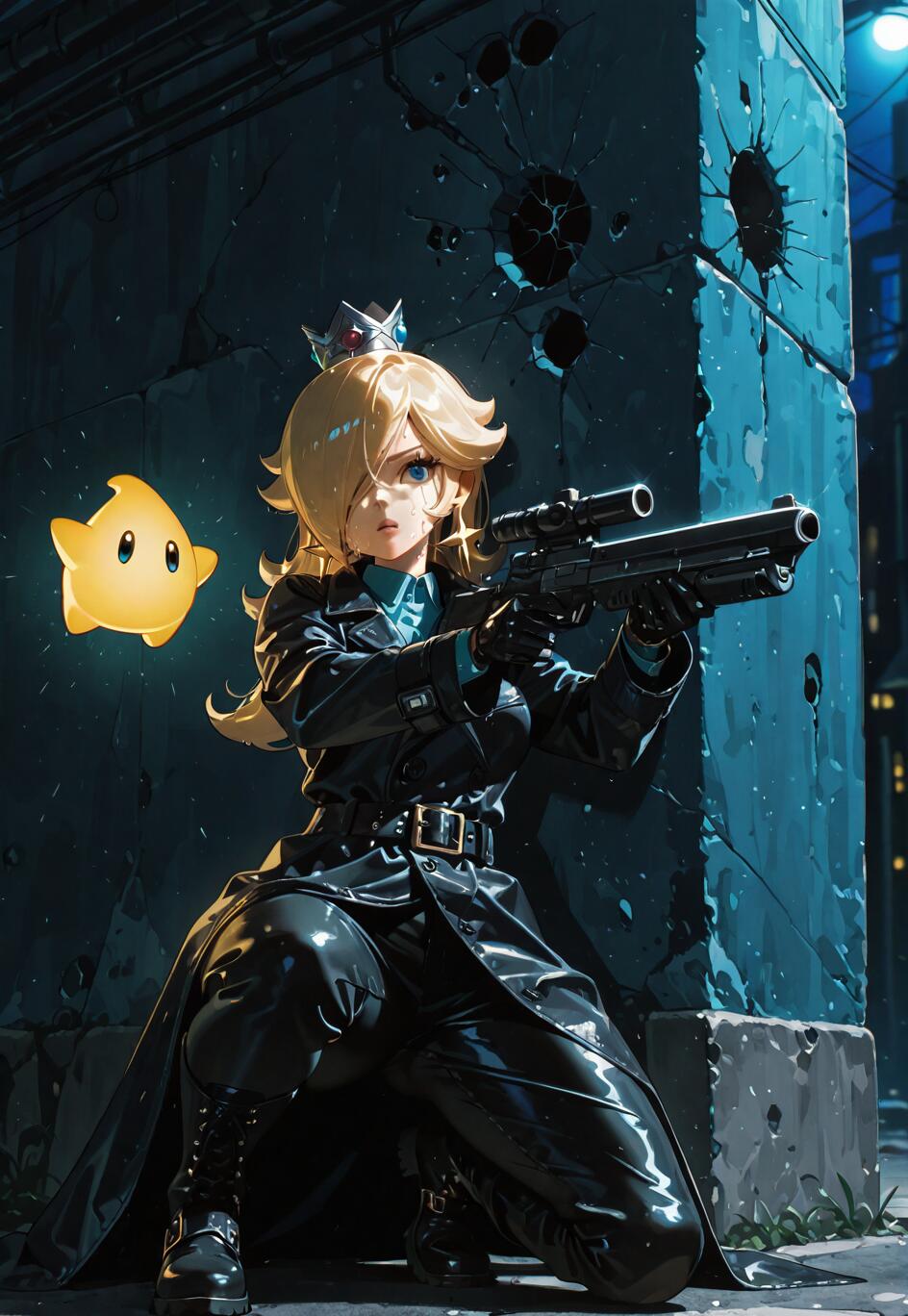 Eine im Anime-Stil gehaltene Illustration von Prinzessin Rosalina aus Super Mario, die einen schwarzen Leder-Trenchcoat und eine Hose trägt. Sie kniet in einer dunklen Gasse und zielt mit einem Scharfschützengewehr. Ein kleines, leuchtend gelbes Sternwesen, ein Luma, schwebt neben ihr.