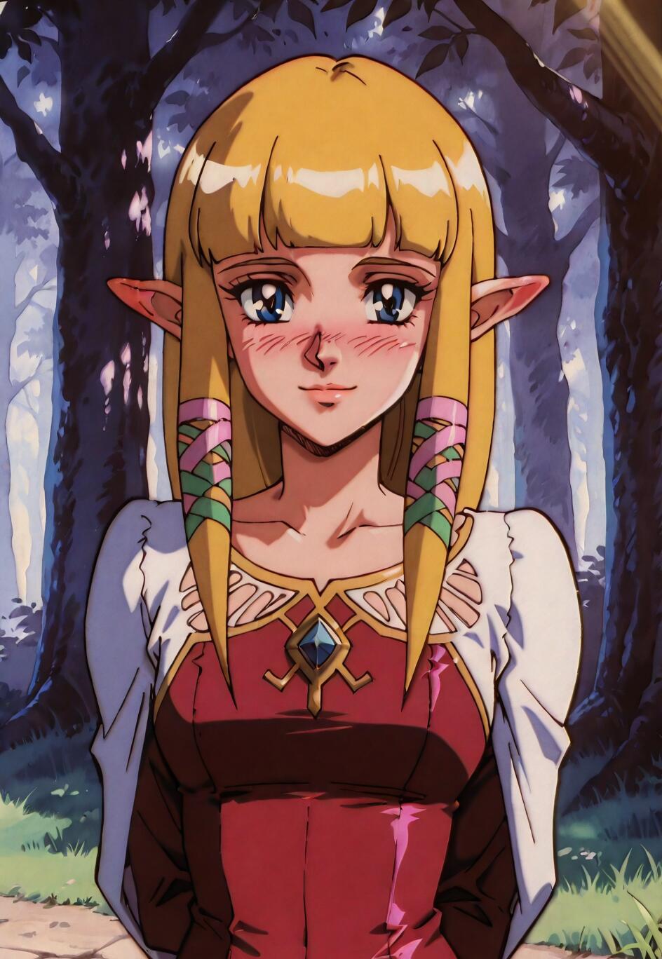 Eine Illustration der Prinzessin Zelda aus „Skyward Sword“, dargestellt im Stil eines Anime aus den 1990er Jahren. Sie hat langes, blondes Haar, spitze Ohren und blaue Augen und trägt ein zartrosa Kleid mit roten Akzenten und einen weißen Schal. Sie steht in einem Wald und lächelt sanft, ihre Wangen sind leicht gerötet.