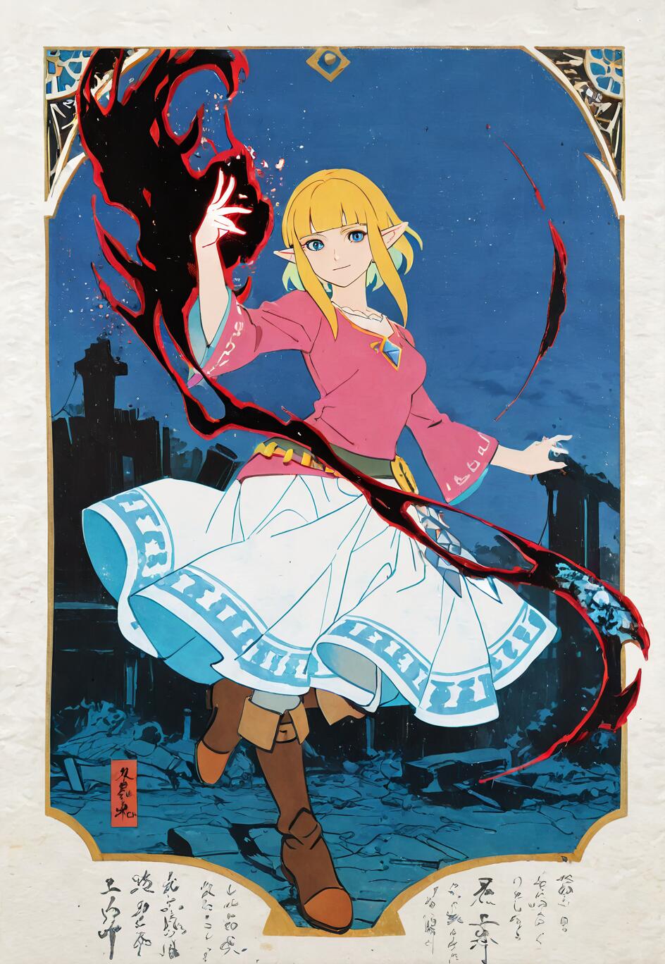 Eine Ganzkörperdarstellung der Prinzessin Zelda aus „The Legend of Zelda: Skyward Sword“, im Stil der japanischen Ukiyo-e-Kunst. Sie hat blondes Haar und ein leichtes Lächeln, während sie mit ihrer rechten Hand einen wirbelnden, schwarz-roten Zauberspruch wirkt. Im Hintergrund sind dunkle Ruinen vor einem tiefblauen, sternenübersäten Nachthimmel zu sehen.