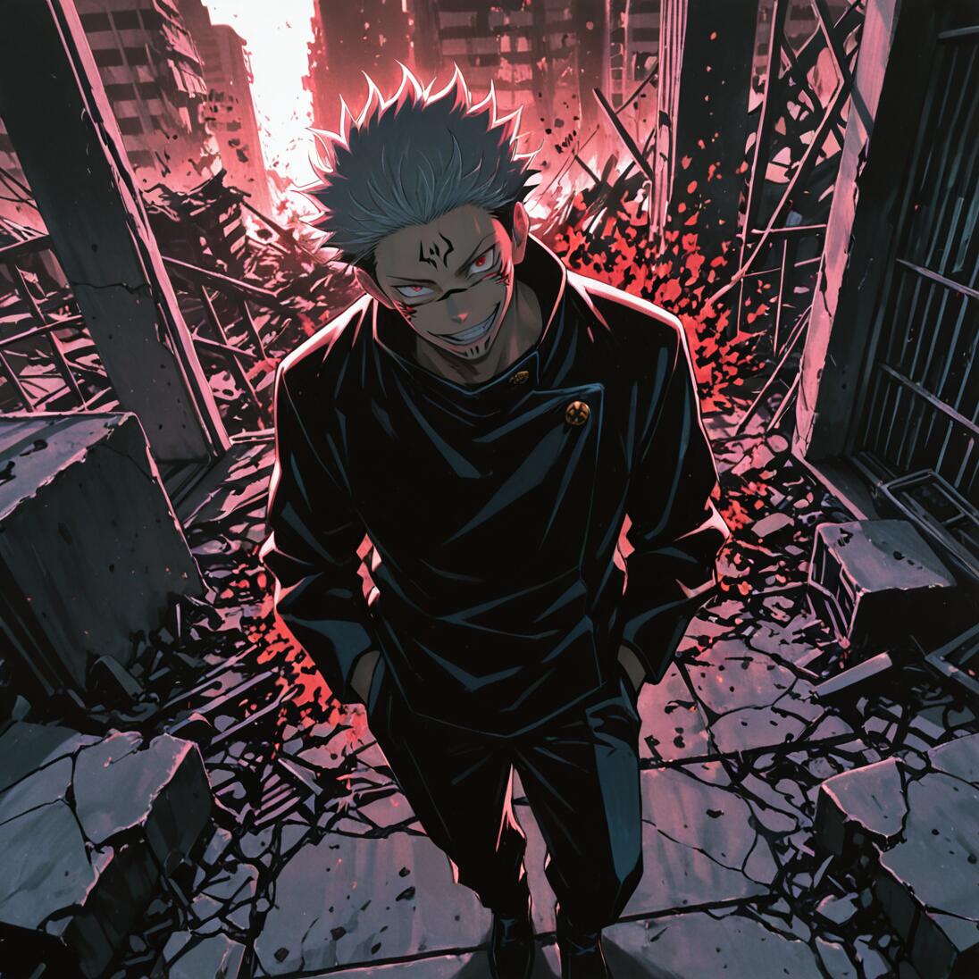 Ryomen Sukuna aus Jujutsu Kaisen steht in einer zerstörten Stadt und blickt von oben herab mit einem grimmigen Grinsen in die Kamera.