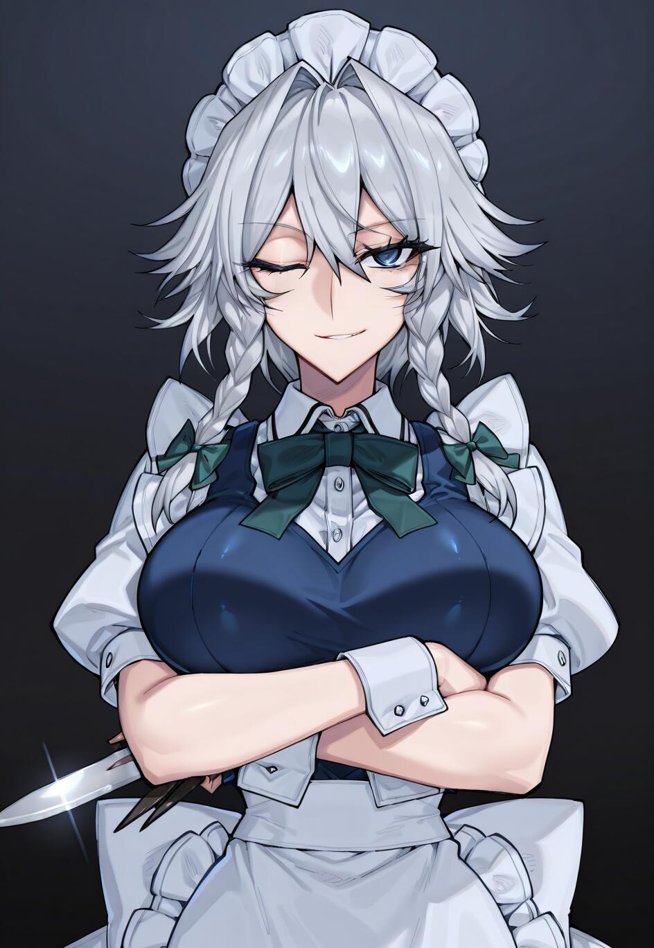 Sakuya Izayoi aus der Touhou-Reihe, ein Dienstmädchen mit silbernem, geflochtenem Haar, das zwinkernd und verschmitzt mit verschränkten Armen und einem Messer in der Hand vor einem dunklen Hintergrund dargestellt ist.
