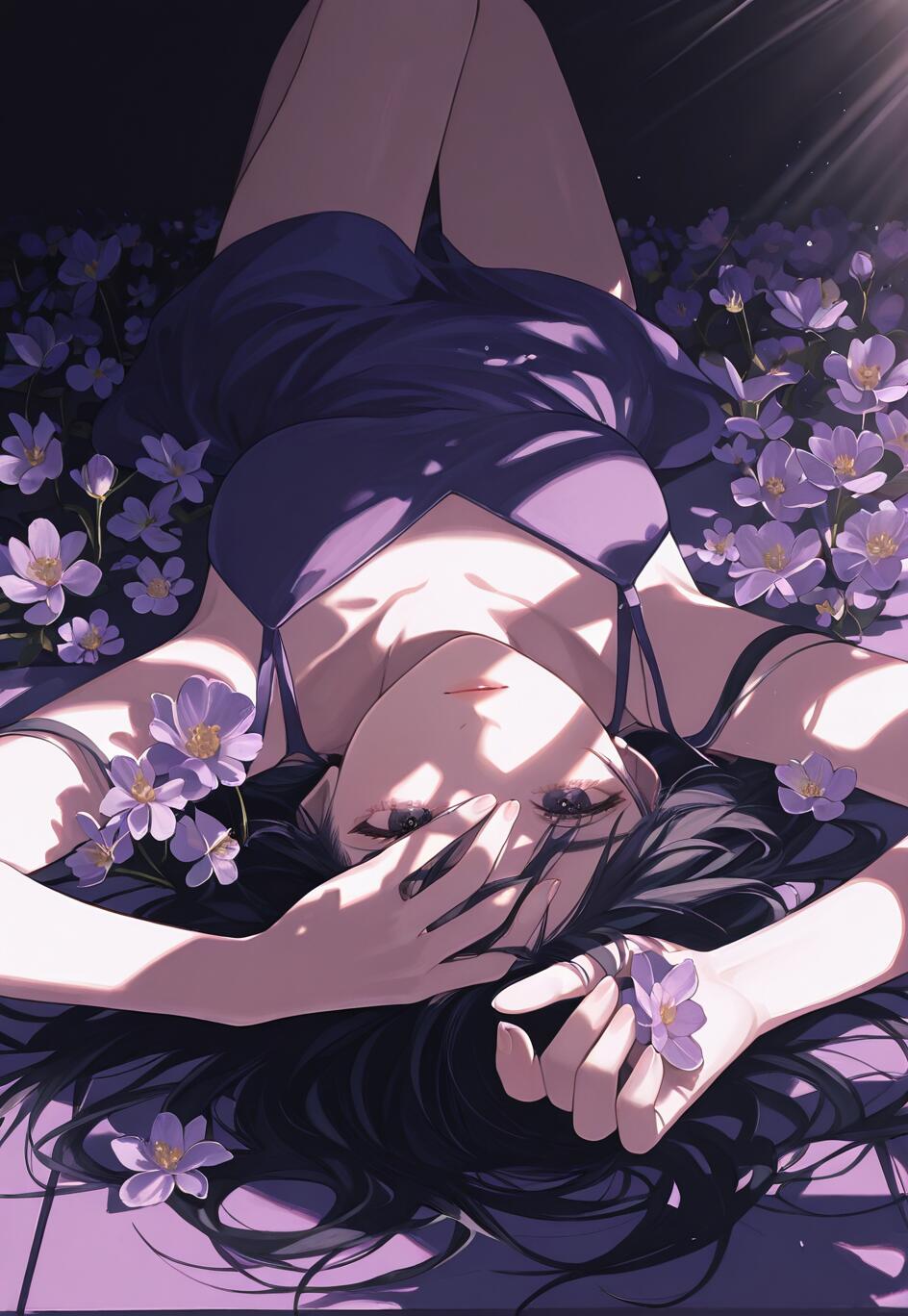 Eine im Anime-Stil gehaltene Illustration einer Frau mit langen, schwarzen Haaren, die auf dem Rücken in einem Feld voller violetter Blumen liegt, wobei das Sonnenlicht deutliche Schatten auf sie wirft.