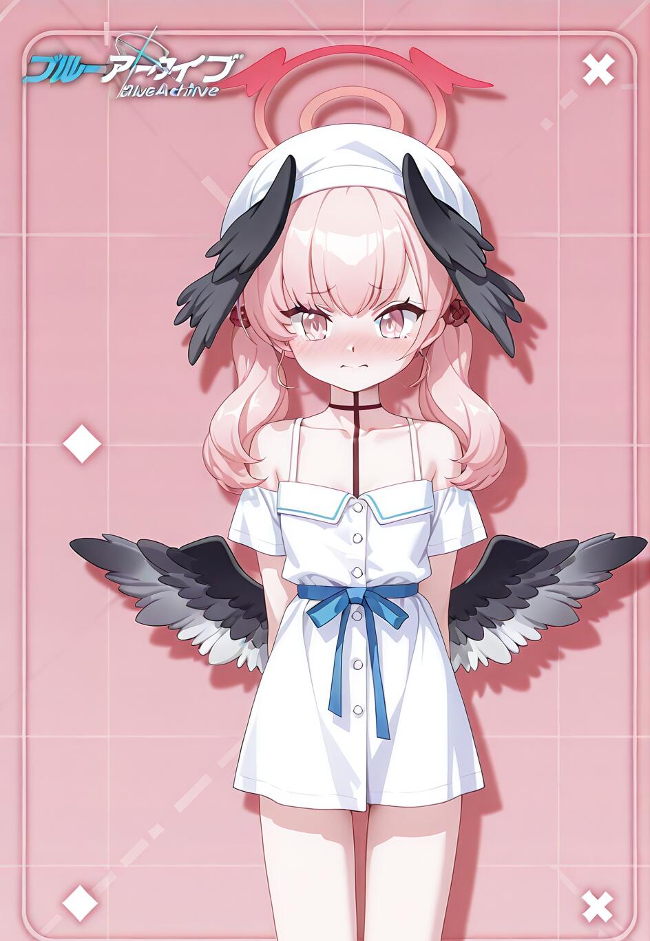 Eine Ganzkörperillustration von Shimoe Koharu aus Blue Archive. Sie hat pinkfarbenes Haar und trägt ein weißes Sommerkleid mit einem blauen Band. Sie blickt mit einem leicht verlegen wirkenden Gesichtsausdruck auf den Betrachter, vor einem pinkfarbenen Hintergrund.