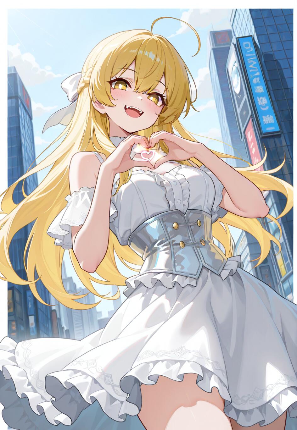 Die Anime-Figur Shokuhou Misaki mit langen, blonden Haaren und einem weißen Kleid lächelt und formt mit ihren Händen vor der Silhouette einer Stadt eine Herzform.