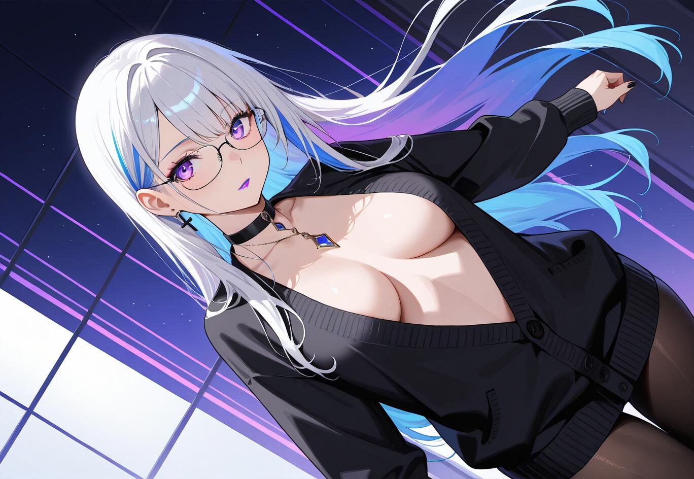 Ein Anime-Mädchen mit langem, weiß-blau-lila gesträhntem Haar, lilafarbenen Augen und einer Brille, das einen offenen schwarzen Cardigan, eine Halskette und Strumpfhosen vor dem Hintergrund leuchtend lila Linien trägt.