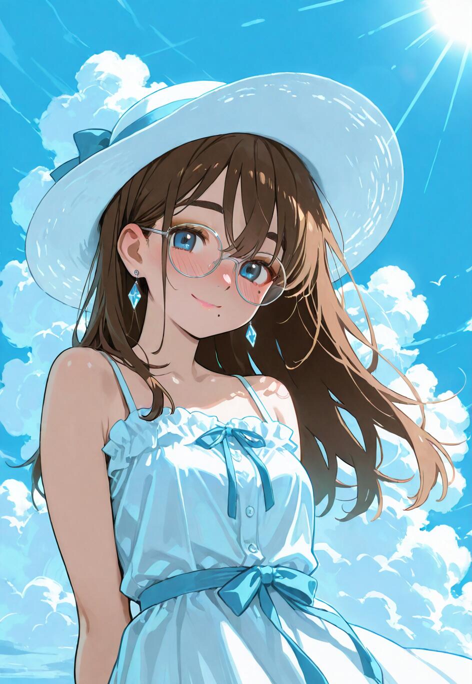 Ein Mädchen im Anime-Stil mit langen braunen Haaren, blauen Augen und runden Brillengläsern, das einen weißen Sonnenhut und ein hellblaues Sommerkleid trägt und vor dem Hintergrund eines strahlend blauen Himmels mit Wolken lächelt.