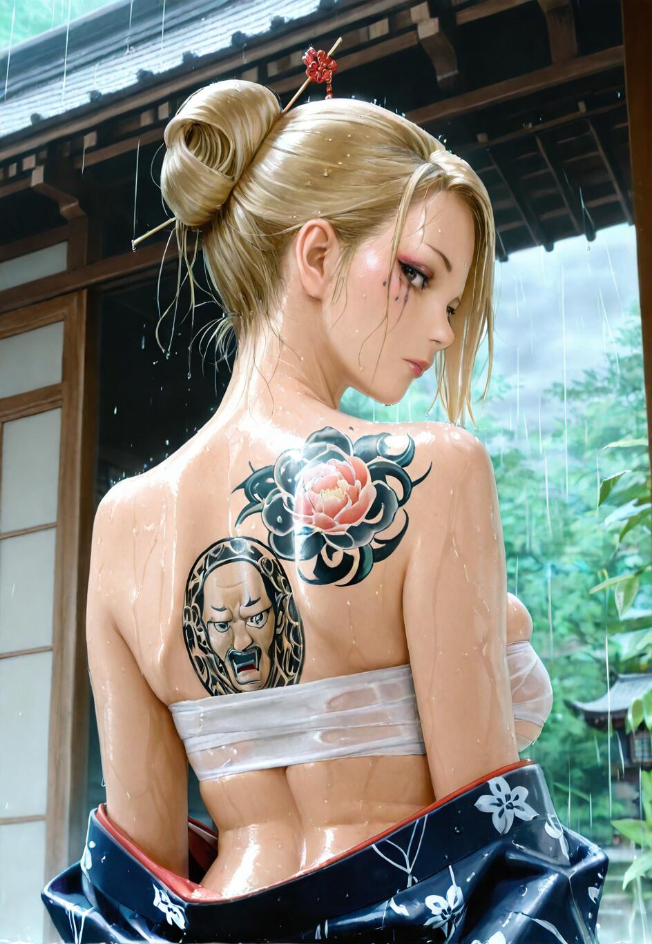 Eine realistische digitale Illustration einer blonden Frau, die mit dem Rücken zum Betrachter steht und im Regen über ihre Schulter blickt. Auf ihrem Rücken hat sie ein Blumen- und ein Maskenmuster tätowiert und trägt einen offenen Kimono über einem Sarashi.