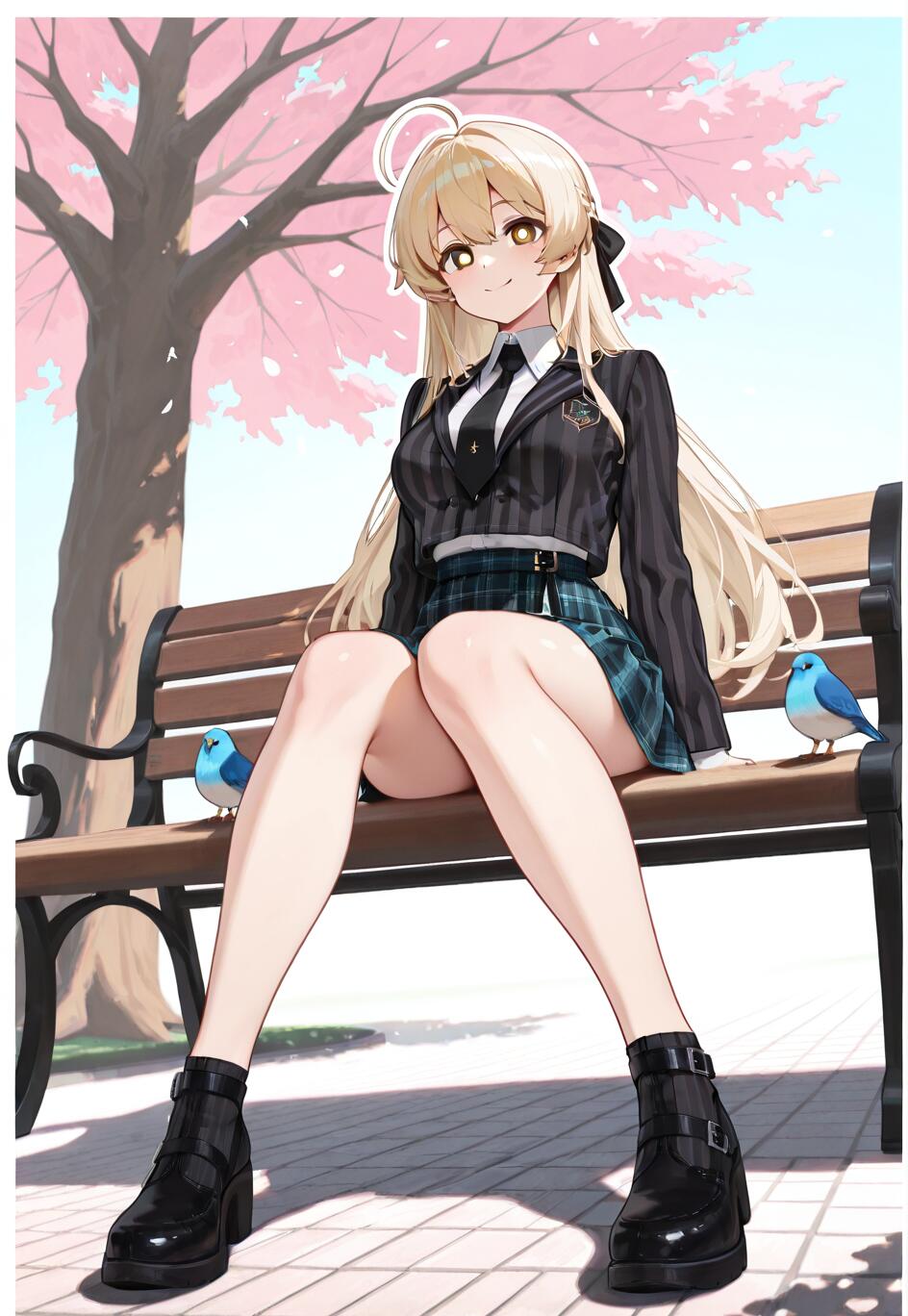 Eine Ganzkörperillustration von Tendou Arisu aus Blue Archive, die auf einer braunen Parkbank sitzt. Sie hat lange blonde Haare, einen Heiligenschein und trägt eine schwarze Jacke mit Streifen, einen grünen karierten Rock und schwarze Stiefel. Hinter ihr befindet sich ein großer Kirschbaum, und auf der Bank sitzen zwei kleine blaue Vögel.