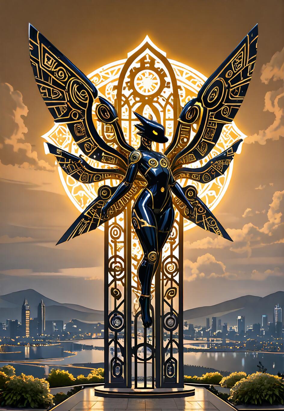 Eine hohe, schwarz-goldene Statue einer geflügelten, robotischen Figur mit einem tierähnlichen Kopf, die vor einem leuchtenden, goldenen Heiligenschein steht und auf eine futuristische Stadtlandschaft in der Dämmerung blickt.
