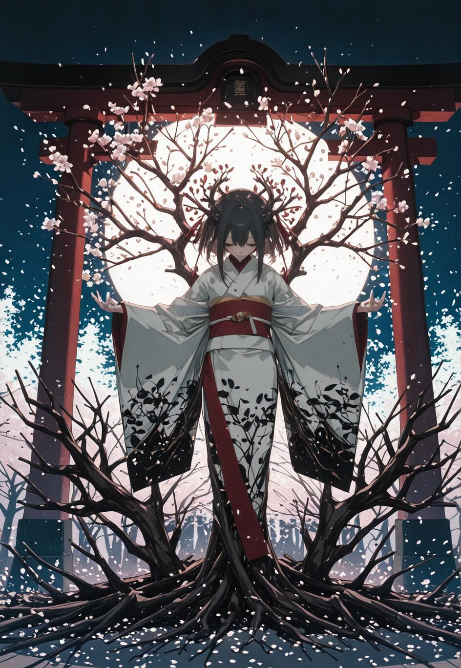 Eine im Anime-Stil gehaltene Illustration einer jungen Frau mit dunklen Haaren, die in einem schwarz-weißen Kimono vor einem roten Torii-Tor steht. Sie ist mit einem dunklen, knorrigen Baum verschmolzen, dessen mit Kirschblüten bedeckte Äste einen großen, vollen Mond hinter ihr einrahmen.