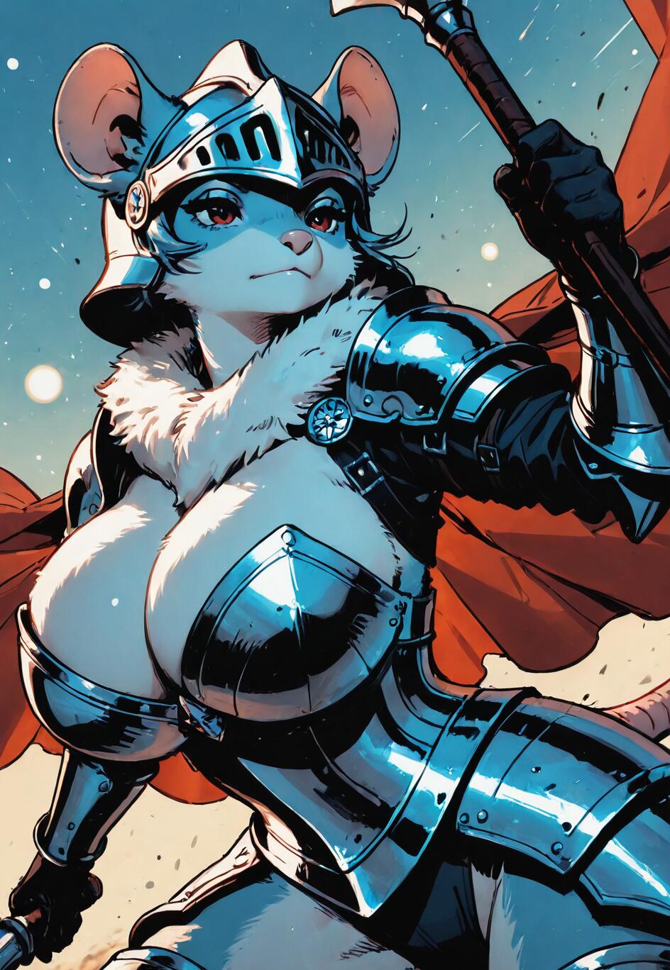 Eine digitale Illustration einer weiblichen, anthropomorphen Mäusekriegerin in vollständiger Plattenrüstung und mit einem Helm, die einen Streitkolben hält, während ein rotes Cape hinter ihr weht. Ihr Gesichtsausdruck ist entschlossen.