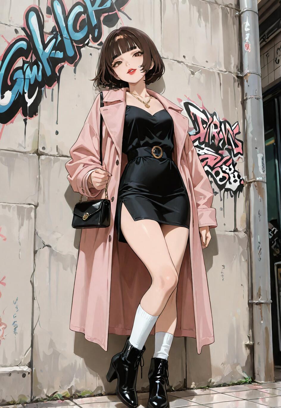 Eine Ganzkörperillustration eines stilvollen Anime-Mädchens mit kurzen, braunen Haaren, das einen pinkfarbenen Trenchcoat über einem schwarzen Minikleid und schwarzen, hochhackigen Stiefeln trägt. Sie lehnt an einer mit Graffiti beschmierten Wand in einer städtischen Gasse.