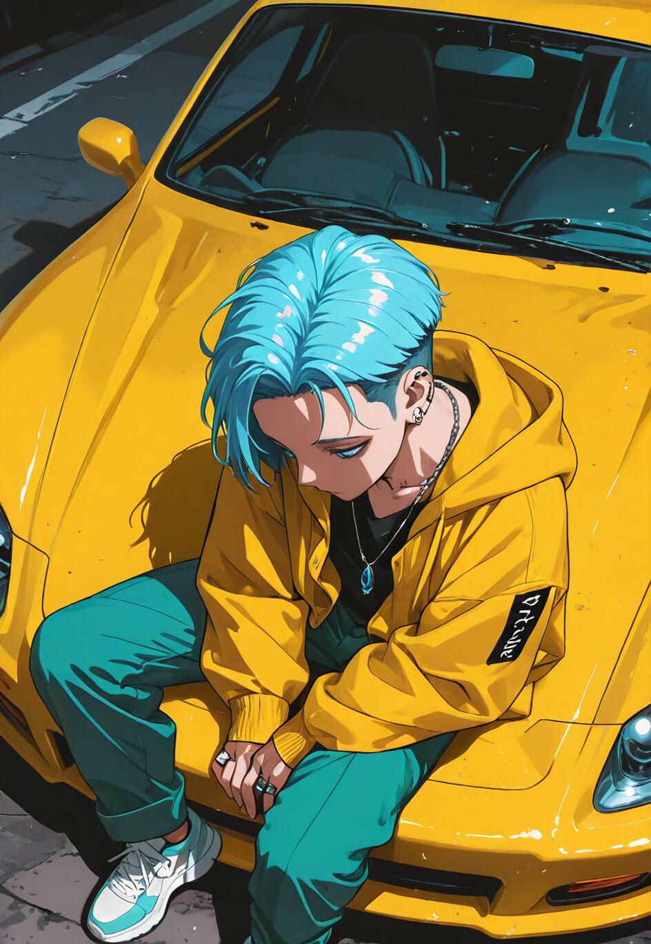Eine im Anime-Stil gehaltene Illustration eines jungen Mannes mit blauem Haar und einer gelben Jacke, der auf der Motorhaube eines gelben Sportwagens sitzt und nach unten blickt.