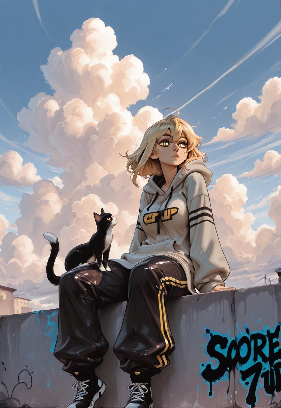 Eine junge Frau mit blonden Haaren, die eine Kapuzenjacke trägt, und eine schwarze Katze sitzen zusammen auf einer mit Graffiti beschmierten Mauer und blicken unter einen Himmel, der von großen, weißen Wolken bedeckt ist.