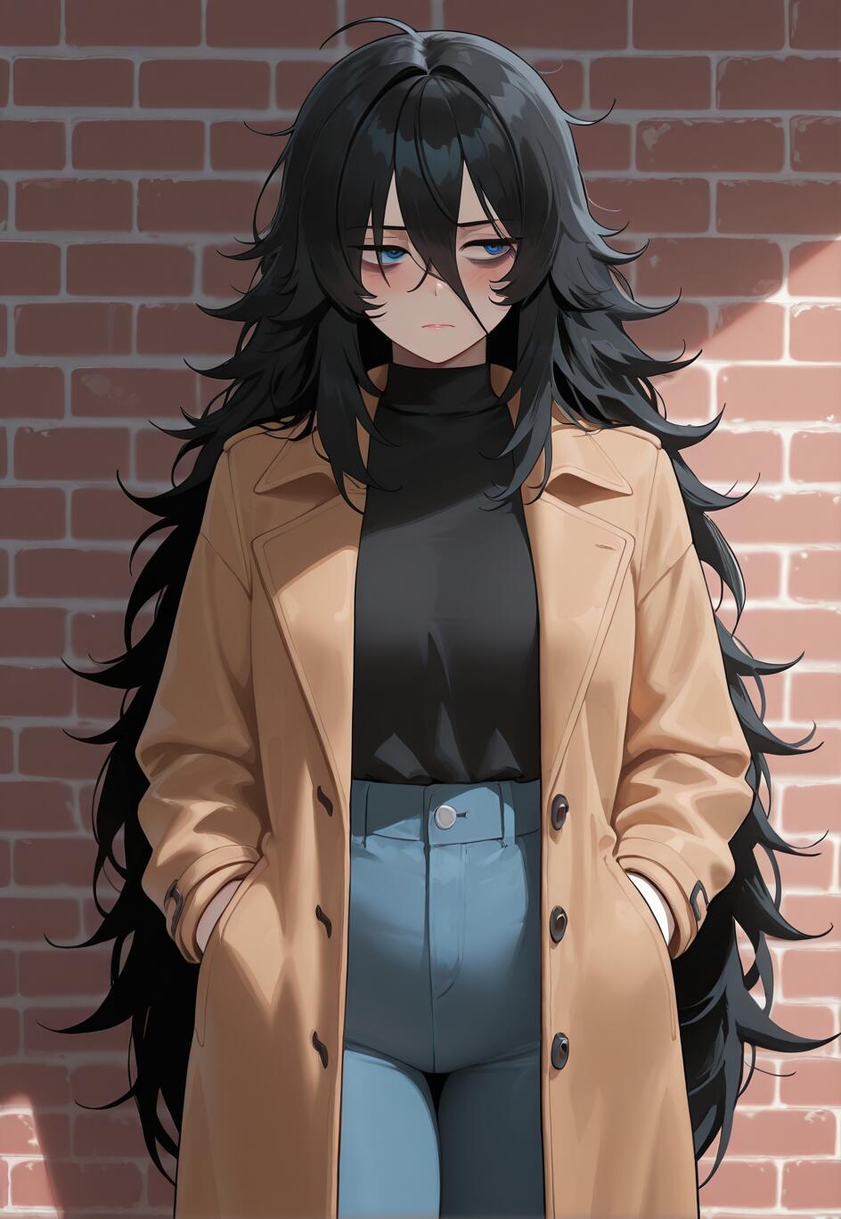 Ein Mädchen im Anime-Stil mit langem, unordentlichem, schwarzem Haar und müden, blauen Augen steht an einer Ziegelmauer. Sie trägt einen beigefarbenen Trenchcoat, einen schwarzen Rollkragenpullover und eine blaue Jeans, und ihre Hände stecken in den Taschen ihres Mantels.