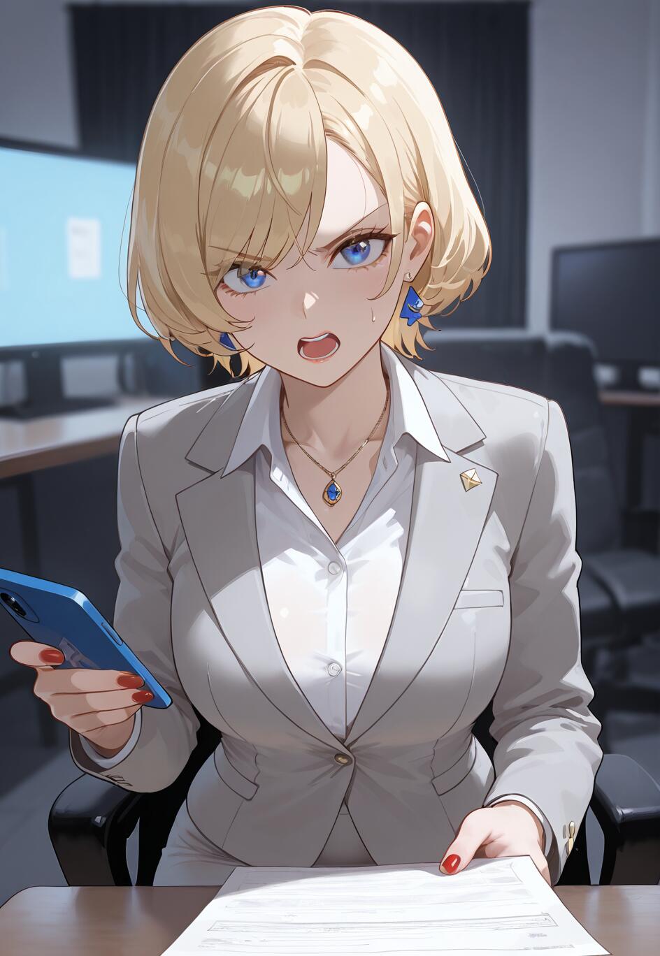 Eine im Anime-Stil gehaltene Illustration von Veronica Caleillu, einer Frau mit kurzen, blonden Haaren und blauen Augen, die wütend in einem grauen Businessanzug an einem Schreibtisch sitzt. Sie hält ein Telefon in der Hand und zeigt auf ein Blatt Papier.