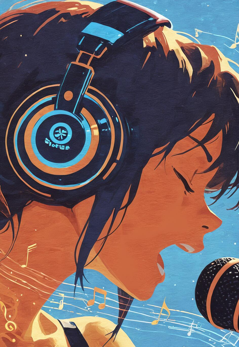 Ein stilisertes, malerisches Porträt einer jungen Frau mit dunklen Haaren, die große Kopfhörer trägt und mit geschlossenen Augen in ein Mikrofon singt, vor einem blauen Hintergrund mit Noten.