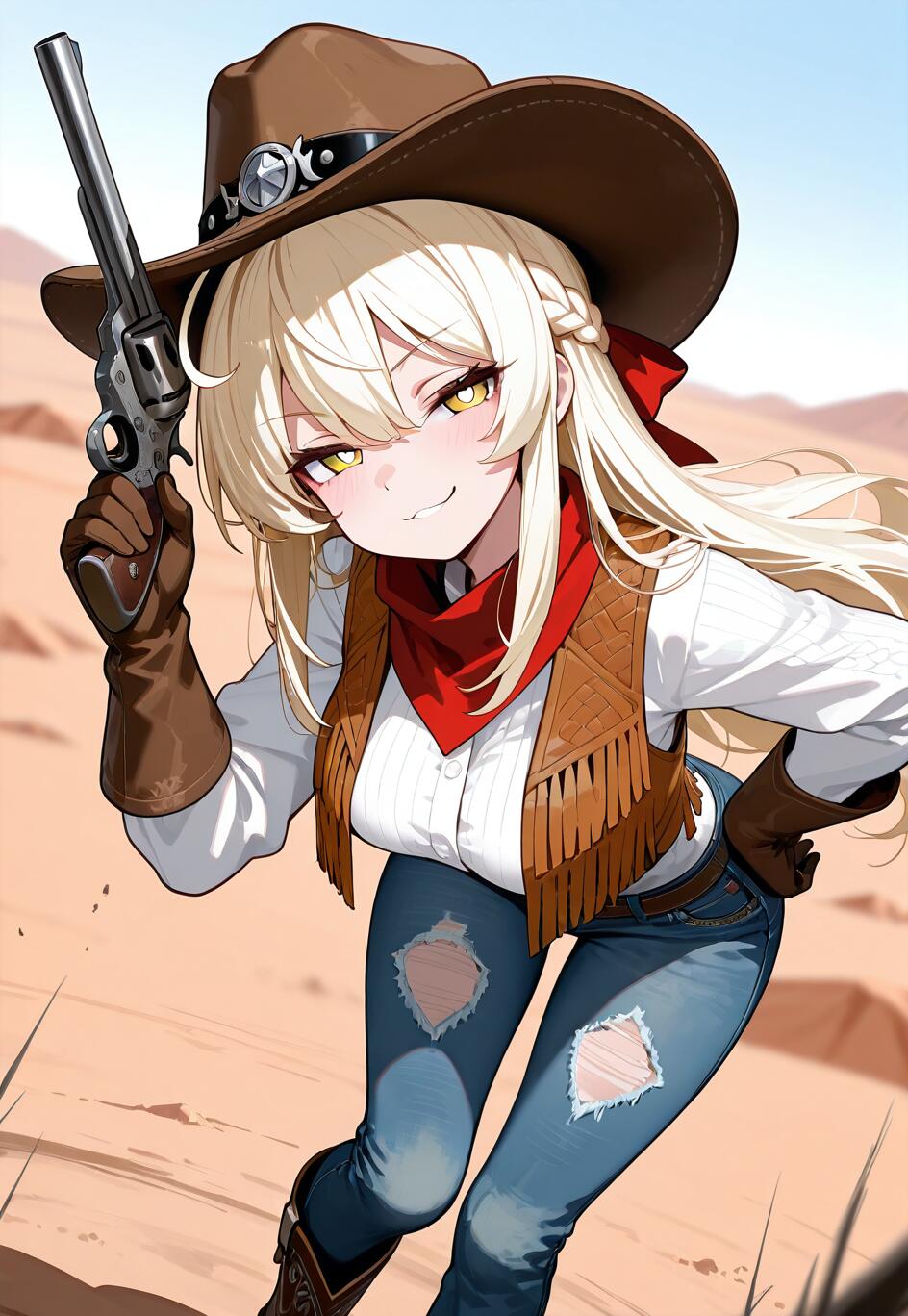 Eine im Anime-Stil gehaltene Illustration einer blonden Cowgirl, die als Lumine aus Genshin Impact identifiziert wird, in einer Wüstenlandschaft. Sie trägt einen Cowboyhut, eine Fransenweste und zerrissene Jeans und lächelt selbstgefällig, während sie mit einem Revolver auf den Betrachter zielt.