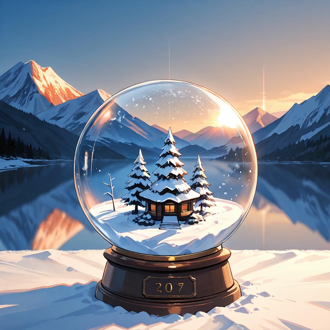 Eine Schneekugel aus Glas, die eine Miniatur-Winterlandschaft mit einer Hütte und Bäumen enthält. Im Hintergrund ist eine reale Landschaft zu sehen, bestehend aus einer verschneiten Bergkette und einem ruhigen See im Morgenlicht.