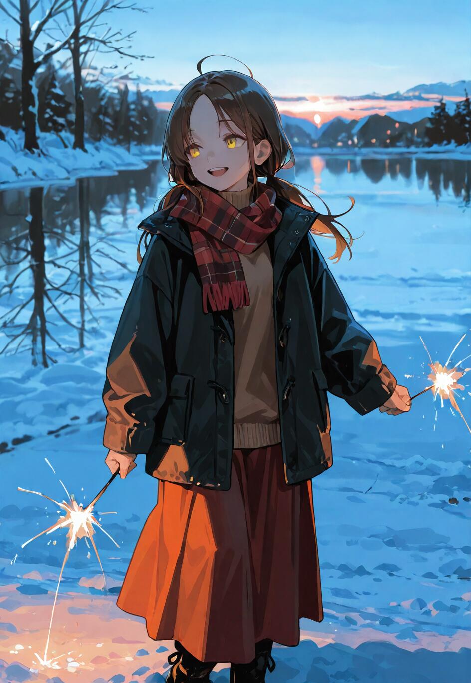 Eine im Anime-Stil gehaltene Illustration eines lächelnden Mädchens mit braunen Haaren und gelben Augen, das einen Wintermantel und einen Schal trägt und in einer verschneiten Landschaft am Ufer eines Sees in der Dämmerung zwei brennende Wunderkerzen hält.