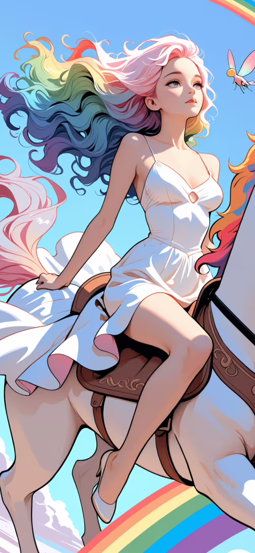 Eine junge Frau mit regenbogenfarbenem Haar und großen, bunten Flügeln reitet auf... Apple iPhone 13