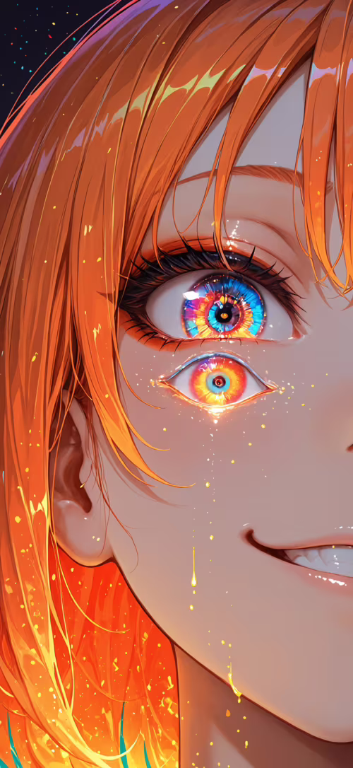 Eine Nahaufnahme einer Anime-Figur, die ein Mädchen mit leuchtend orangefarbenem...