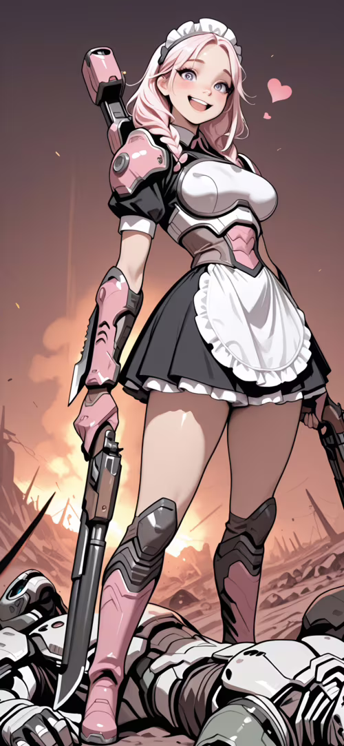 Ein Anime-Mädchen mit pinken Haaren, gekleidet in einem Kampf-Zofe-Outfit, hält auf...