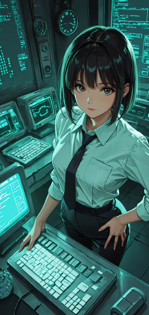 Eine im Anime-Stil gehaltene Illustration einer jungen Frau mit kurzen, schwarzen...