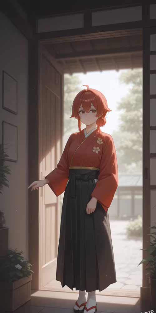 Eine junge Frau im Anime-Stil mit langen, blonden Haaren und einem langen, weißen...