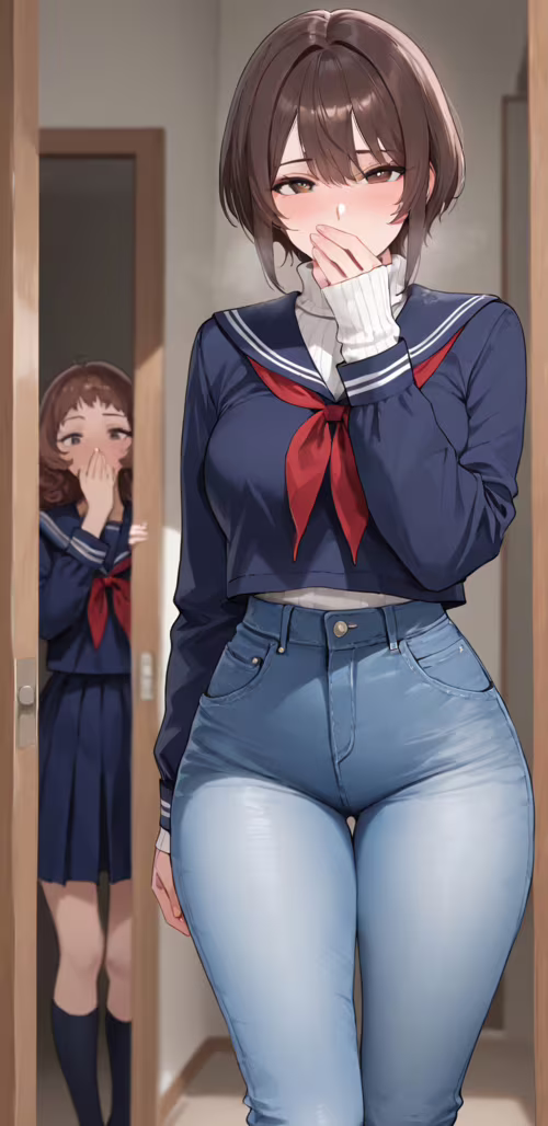 Ein Mädchen im Anime-Stil mit kurzen, braunen Haaren, das einen weißen Strickpullover...