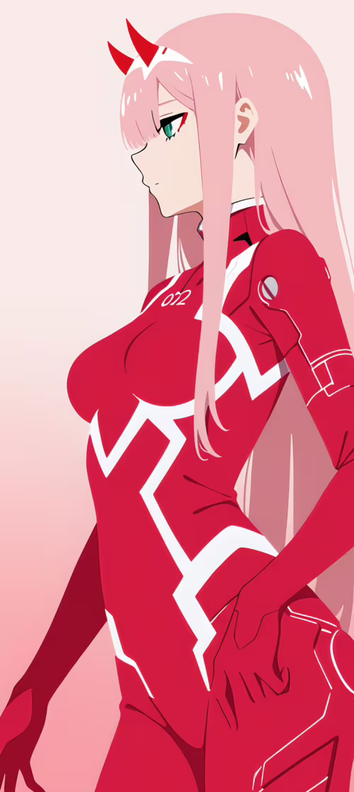 Eine minimalistische Seitenansicht-Illustration der Anime-Figur Zero Two. Sie hat...