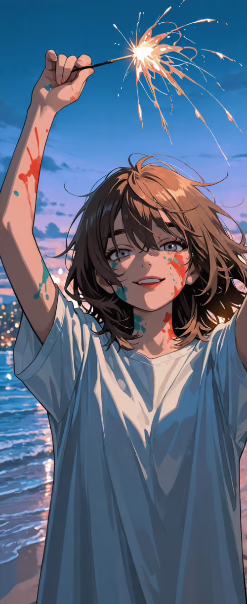 Eine junge Frau mit braunen Haaren und buntem Gesichtsschminke hält bei Dämmerung... Samsung Galaxy Z Flip