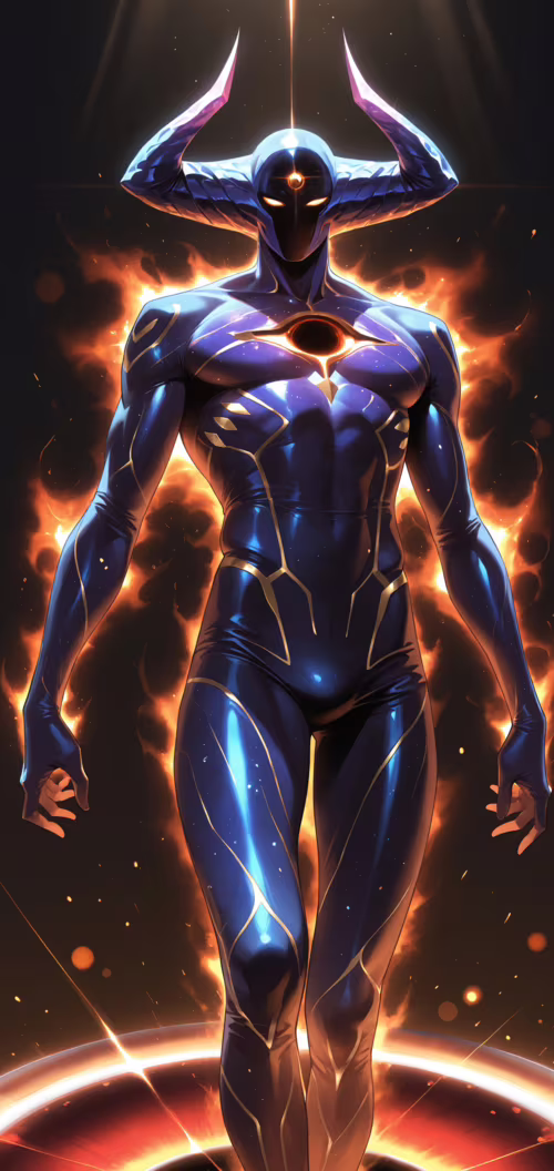 Ein mächtiges, muskulöses kosmisches Wesen mit dunkler, rissiger Haut, die von innen...