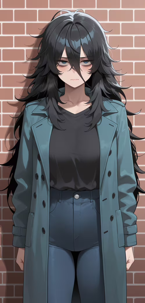 Ein Mädchen im Anime-Stil mit langem, unordentlichem, schwarzem Haar und müden, blauen...