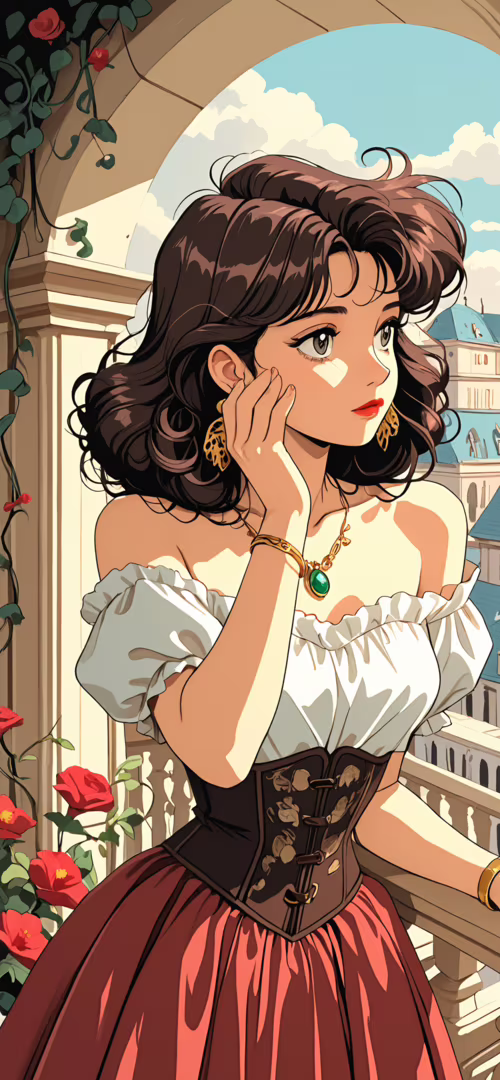 Eine im Anime-Stil gehaltene Illustration einer jungen Frau mit dunklen, lockigen... Huawei P40