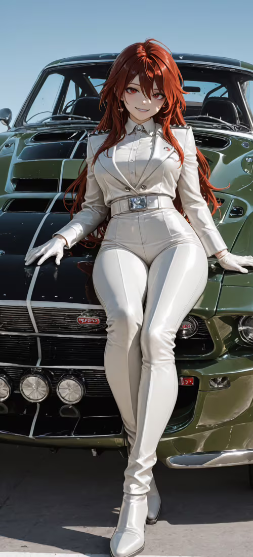 Frontale Ansicht eines stark modifizierten, klassischen Ford Mustang in einem tiefen...