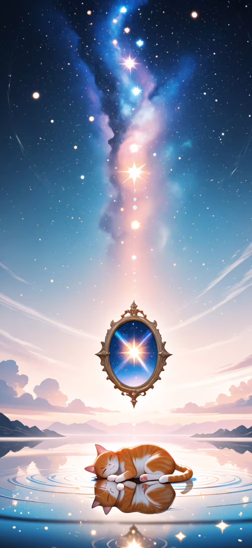 Eine Illustration einer niedlichen, orange-weiß getigerten Katze, die auf einer spiegelnden,... Apple iPhone 16 Plus