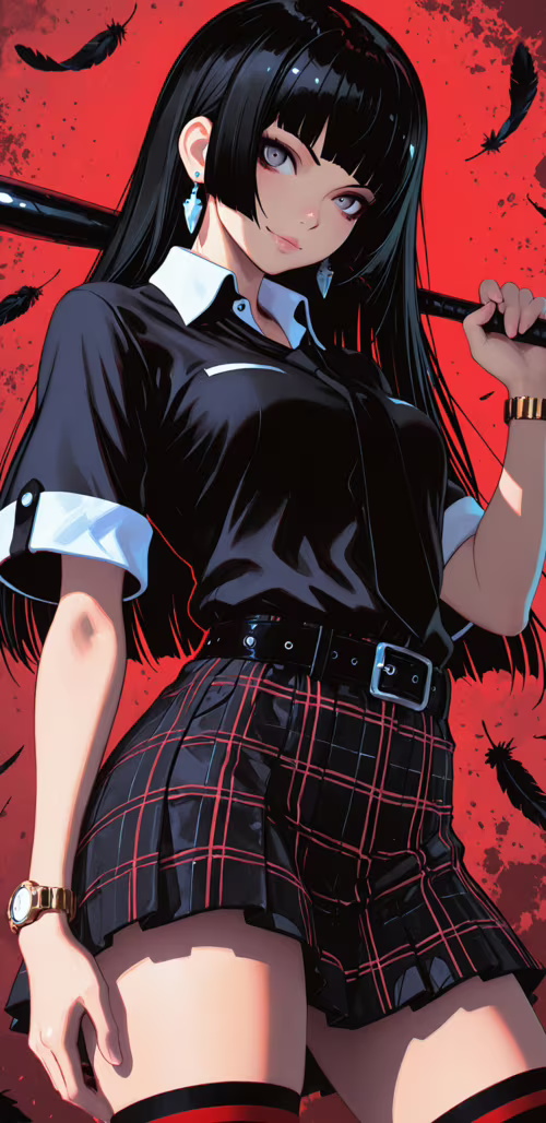 Ein stilvolles Anime-Mädchen mit langem, schwarzem Haar und grauen Augen, das eine... Samsung Galaxy J4 Core