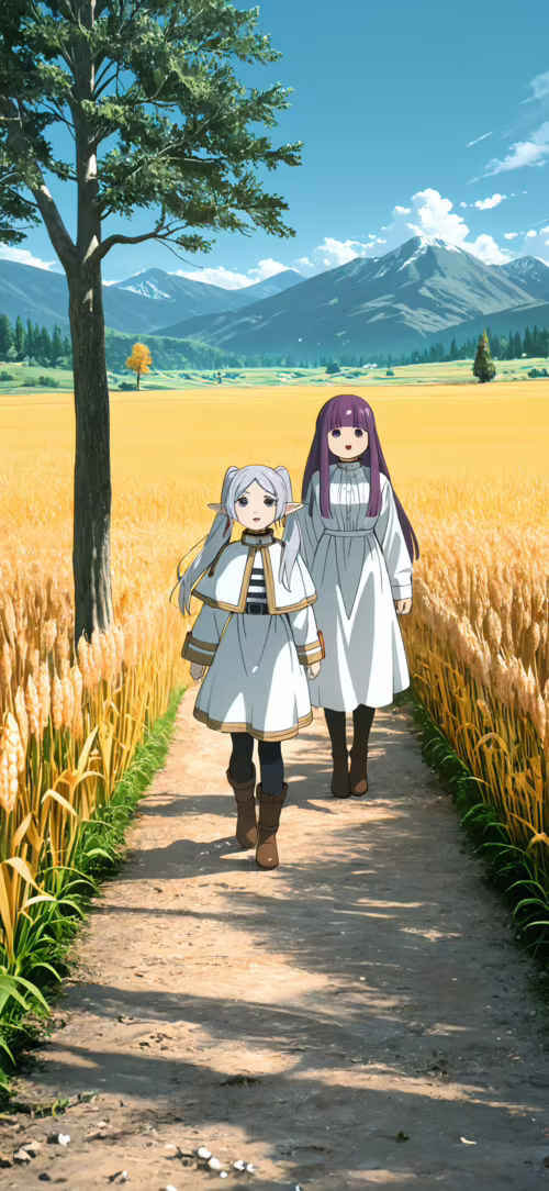 Eine Anime-Szene, die die Elfe Frieren mit silbernen Zöpfen im Vordergrund und den... Honor 9X