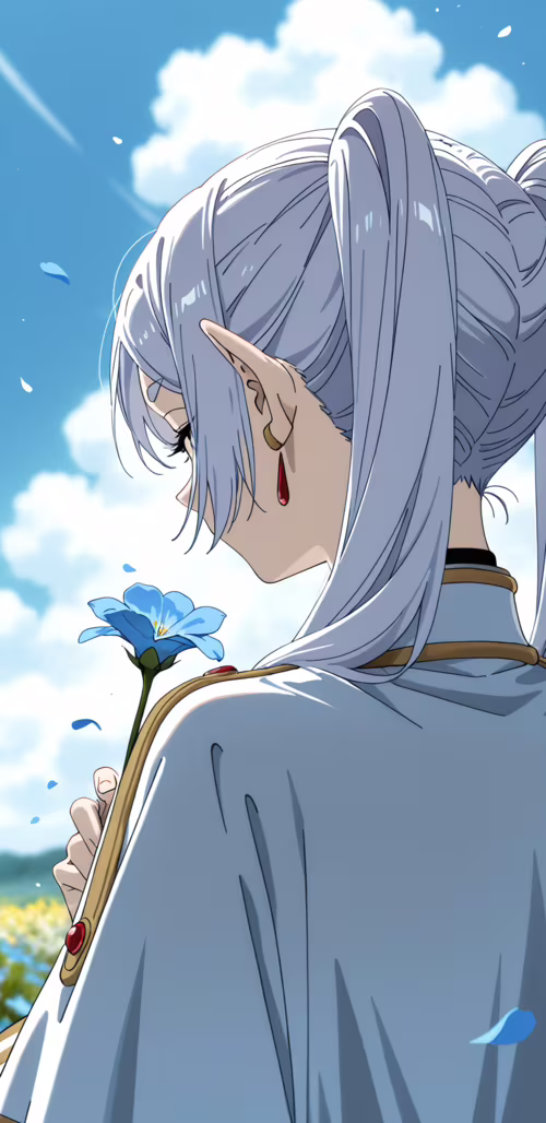 Eine Anime-Illustration der Elfe Frieren, die von hinten dargestellt wird. Ihr langes,...