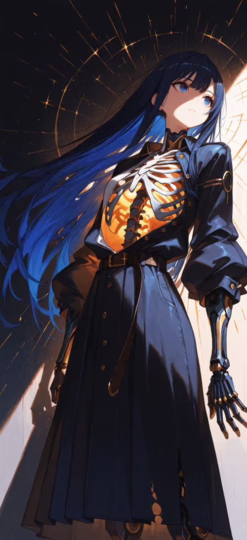 Ein Cyborg-Mädchen im Anime-Stil mit langem, dunkelblauem Haar blickt mit ernstem...