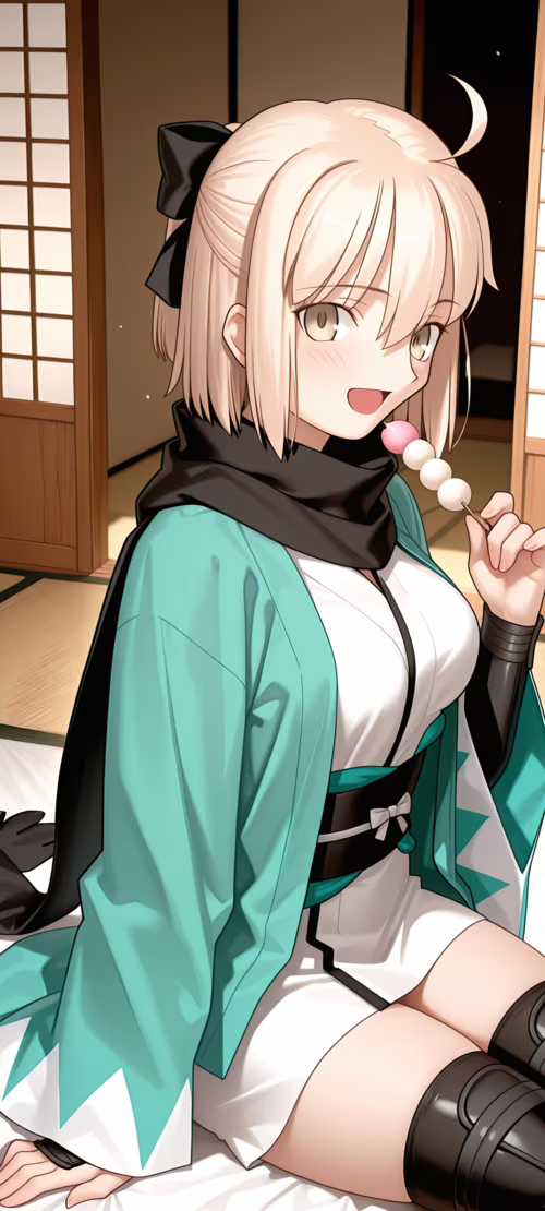 Die Anime-Figur Okita Souji aus Fate/Grand Order, eine junge Frau mit kurzen, blonden...