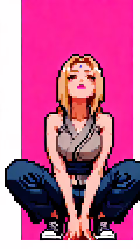 Eine Pixelgrafik, die Tsunade aus Naruto in einer hockenden Pose zeigt, wie sie zu... LG Leon