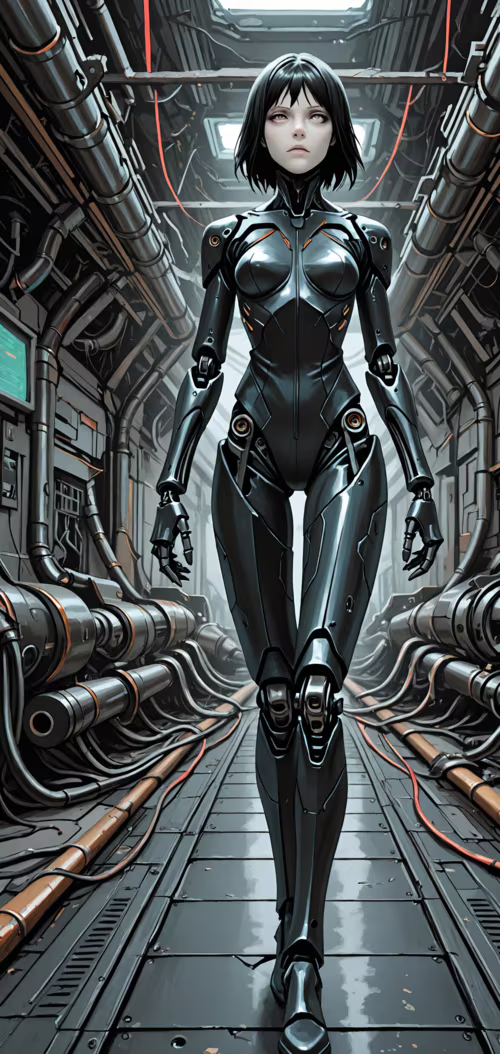 Eine Ganzkörperdarstellung der Cyborg-Figur Sanakan aus dem Manga BLAME!, die auf...