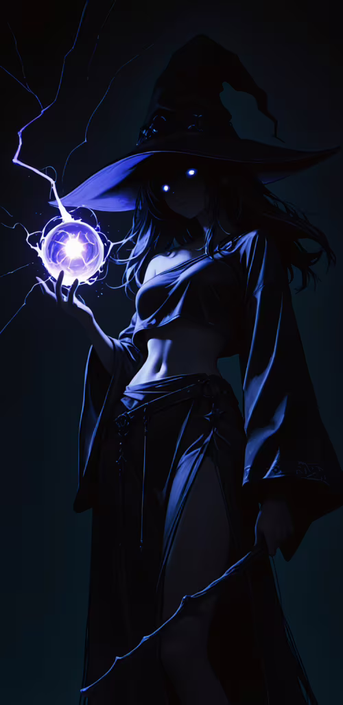 Eine Hexe im Anime-Stil mit langen, dunklen Haaren und einem großen, spitzen Hut...