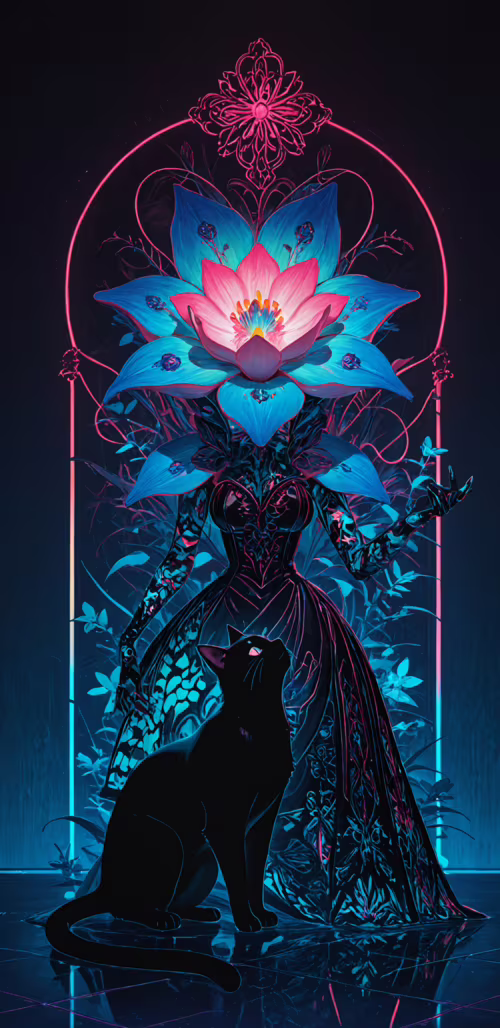 Eine schwarze Katze steht auf einem gemusterten, neonfarbenen Boden vor einer großen... Samsung Galaxy J4 Core